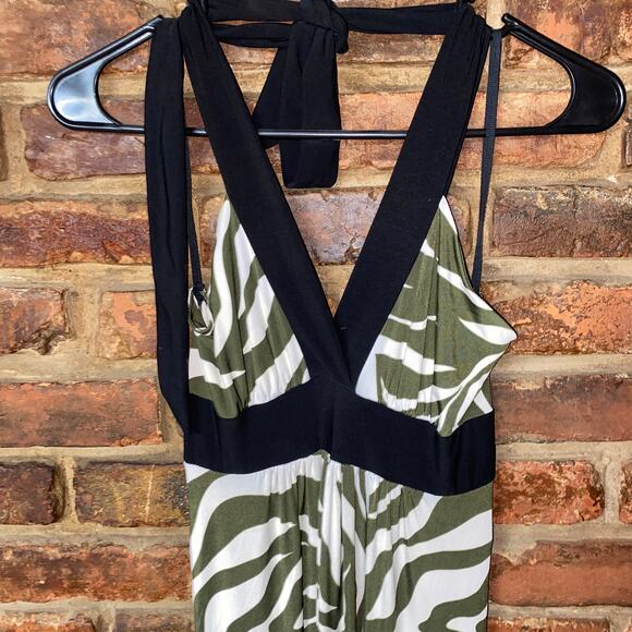 Azules Green White Zebra Print Black Halter Neck Midi Dress Women's Size Small - Picture 2 of 6